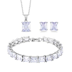  3 Piece Set Austrian Crystal Tennis Style Bracelet (7.25In), Solitaried Pendant Necklace 20 Inches and Earrings in Silvertone
