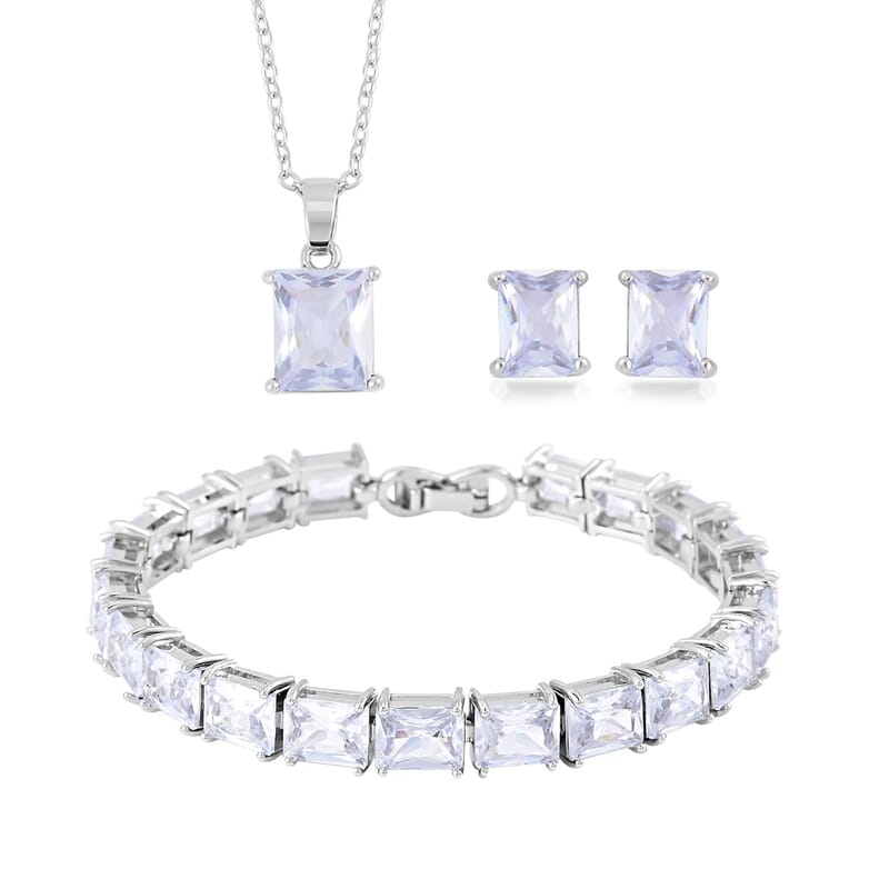 3 Piece Set Austrian Crystal Tennis Bracelet (7.25In), Solitaire Pendant Necklace 20 Inches and Stud Earrings in Silvertone