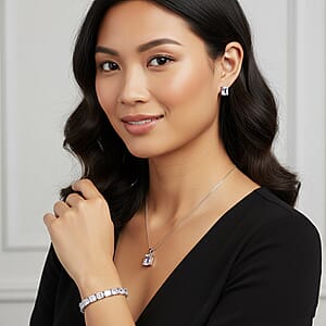  3 Piece Set Austrian Crystal Tennis Bracelet (7.25In), Solitaire Pendant Necklace 20 Inches and Earrings in Silvertone
