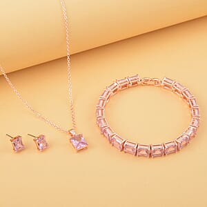 3 Piece Set Austrian Crystal Tennis Bracelet (7.25In), Solitaire Pendant Necklace 20 Inches and Stud Earrings in Rosetone