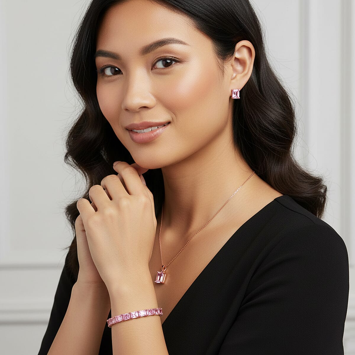 3 Piece Set Austrian Crystal Tennis Bracelet (7.25In), Solitaire Pendant Necklace 20 Inches and Stud Earrings in Rosetone image number 2