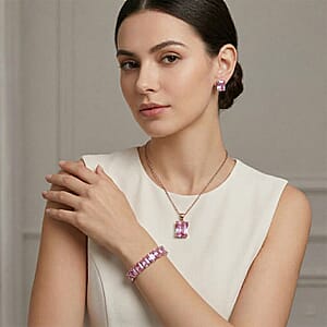 3 Piece Set Austrian Crystal Tennis Bracelet (7.25In), Solitaire Pendant Necklace 20 Inches and Stud Earrings in Rosetone