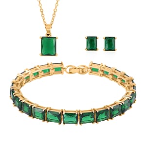 3 Piece Set Green Austrian Crystal Tennis Bracelet (7.25In), Solitaire Pendant Necklace 20 Inches and Stud Earrings in Goldtone