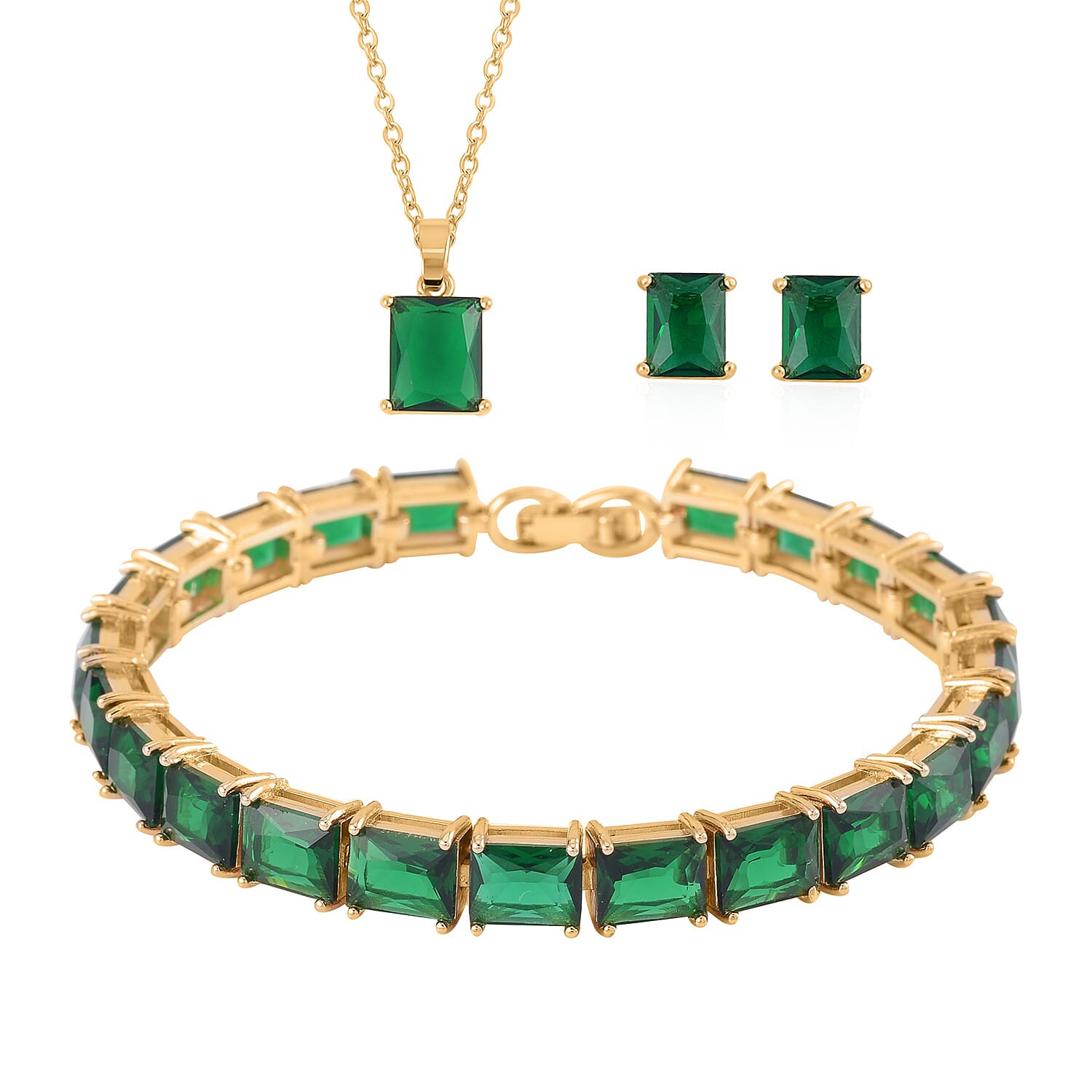 3 Piece Set Green Austrian Crystal Tennis Bracelet (7.25In), Solitaire Pendant Necklace 20 Inches and Stud Earrings in Goldtone