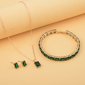 3 Piece Set Green Austrian Crystal Tennis Bracelet (7.25In), Solitaire Pendant Necklace 20 Inches and Stud Earrings in Goldtone