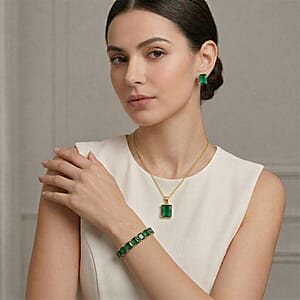 3 Piece Set Green Austrian Crystal Tennis Bracelet (7.25In), Solitaire Pendant Necklace 20 Inches and Stud Earrings in Goldtone