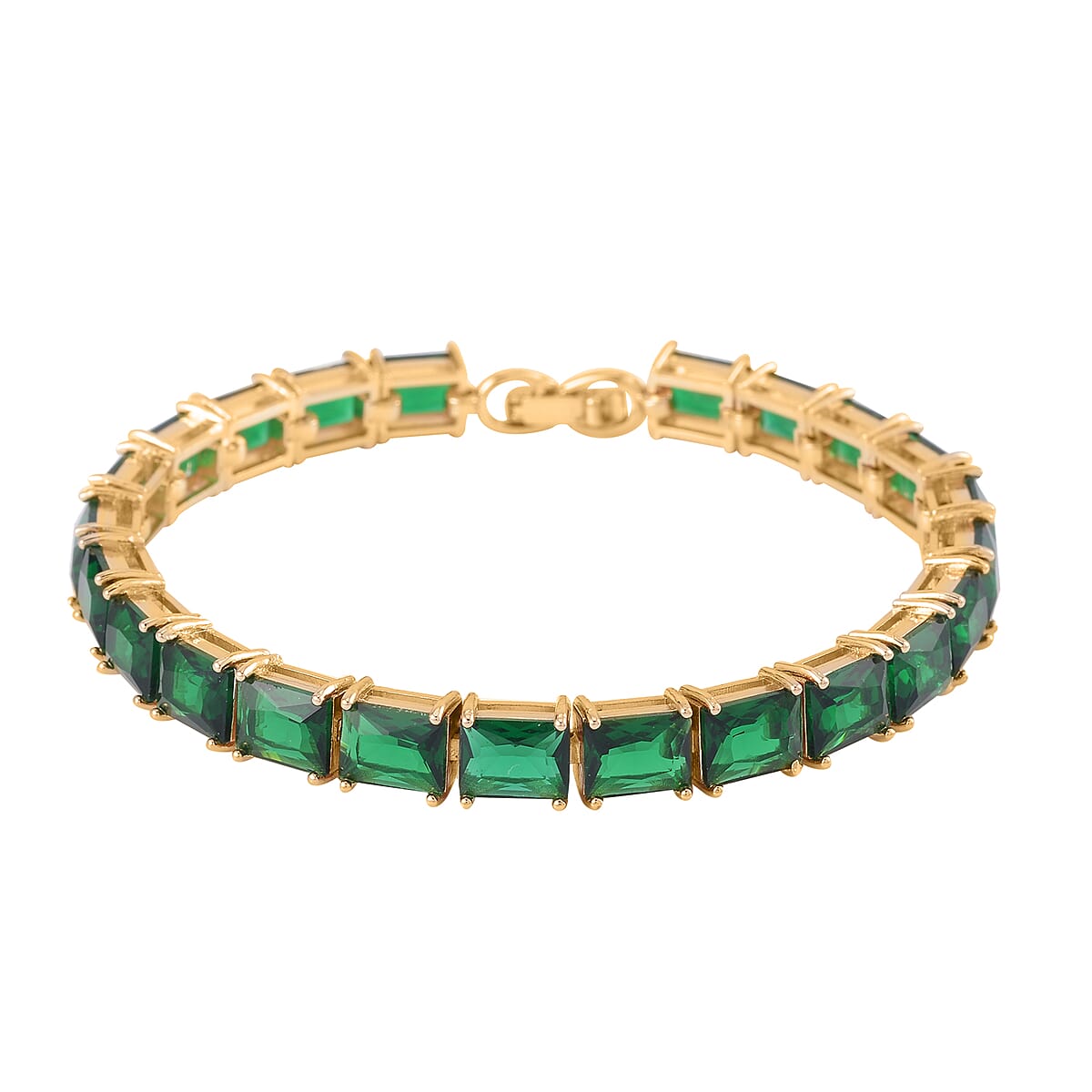 3 Piece Set Green Austrian Crystal Tennis Bracelet (7.25In), Solitaire Pendant Necklace 20 Inches and Stud Earrings in Goldtone image number 3