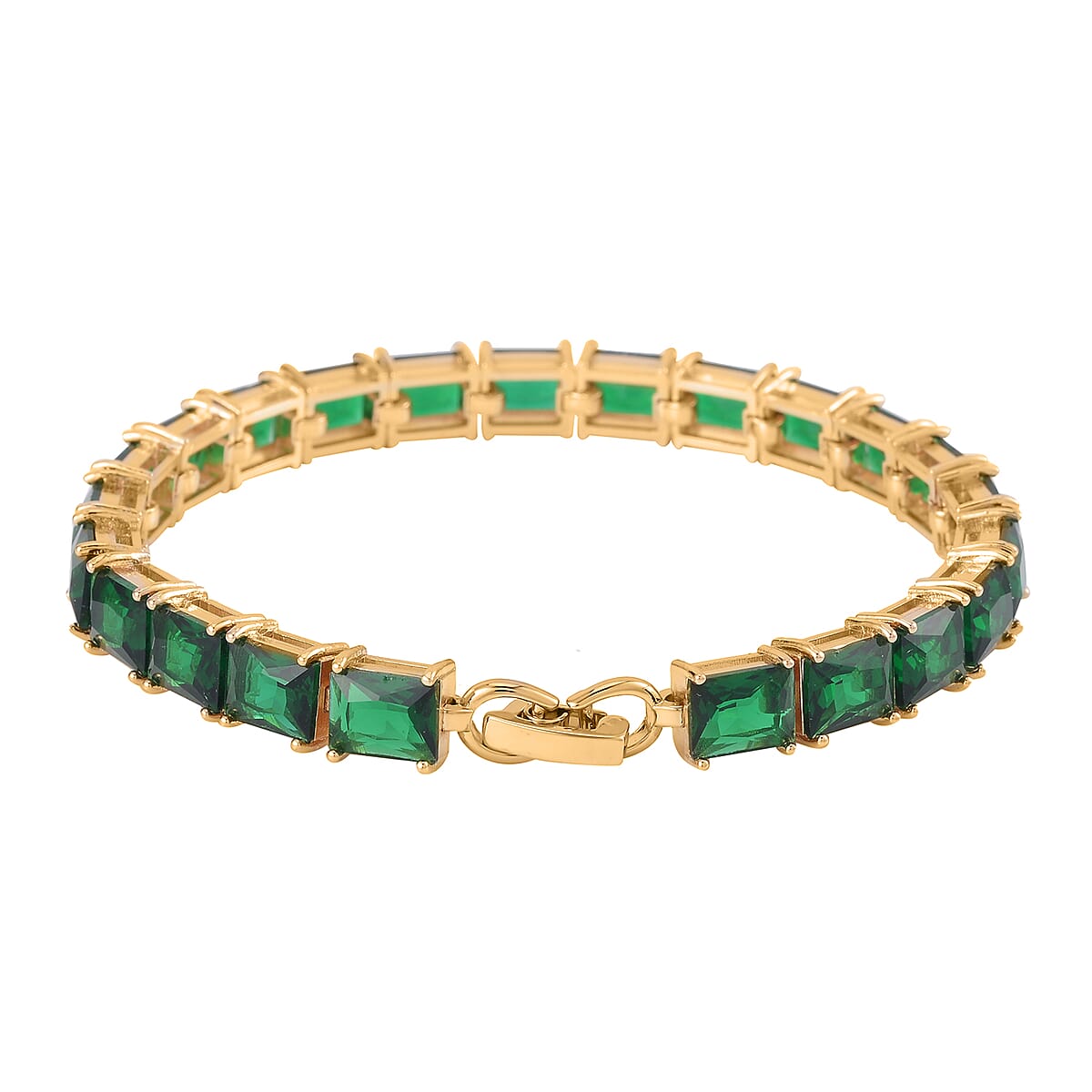 3 Piece Set Green Austrian Crystal Tennis Bracelet (7.25In), Solitaire Pendant Necklace 20 Inches and Stud Earrings in Goldtone image number 4