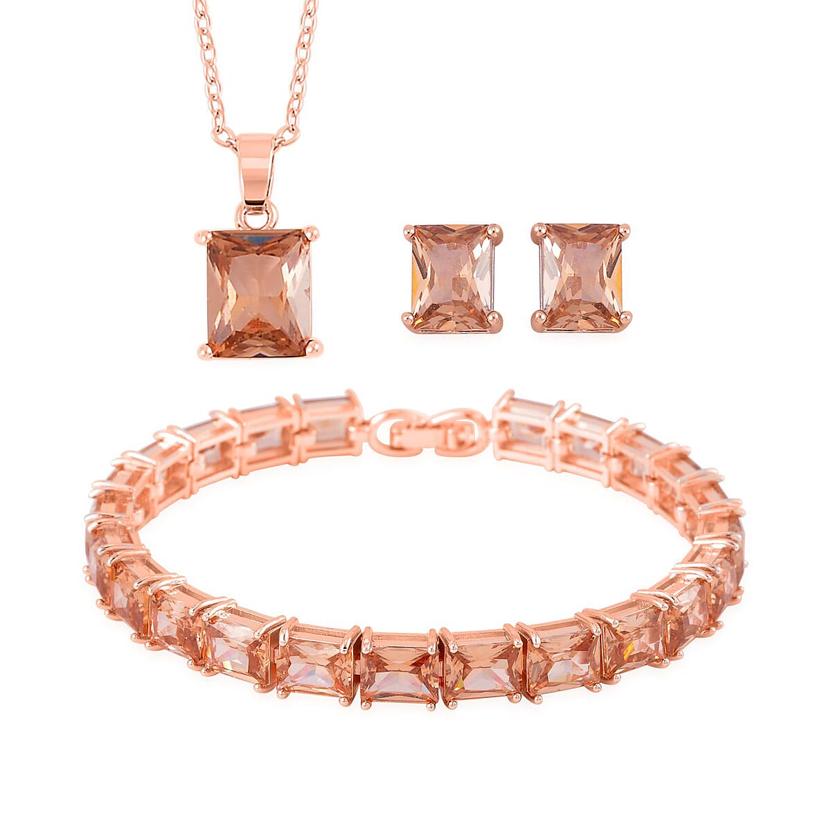 3 Piece Set Austrian Crystal Tennis Bracelet (7.25In), Solitaire Pendant Necklace 20 Inches and Stud Earrings in Rosetone image number 0