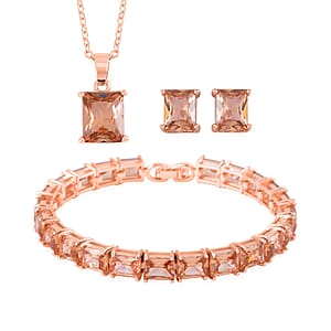 3 Piece Set Austrian Crystal Tennis Bracelet (7.25In), Solitaire Pendant Necklace 20 Inches and Stud Earrings in Rosetone