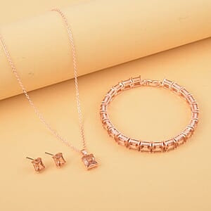 3 Piece Set Austrian Crystal Tennis Bracelet (7.25In), Solitaire Pendant Necklace 20 Inches and Stud Earrings in Rosetone