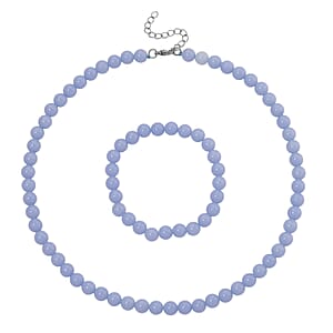 2 Piece Set Blue Luminous Glowing in Dark Beaded 210.00 ctw Stretch Bracelet (6.5-7In) and Necklace 18-20 Inches in Stainless Steel