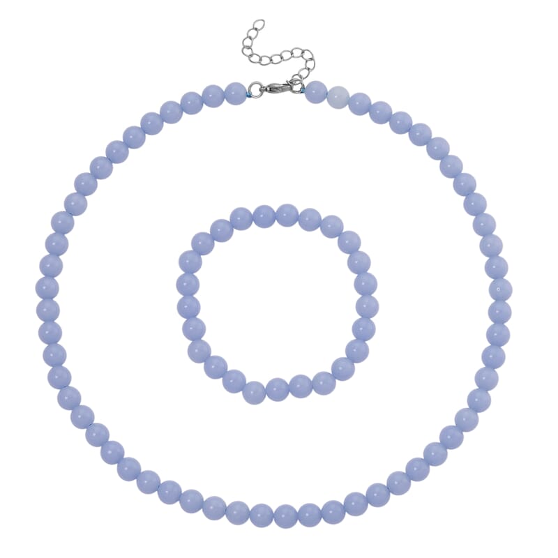 2 Piece Set Blue Luminous Glowing in Dark Beaded 210.00 ctw Stretch Bracelet (6.5-7In) and Necklace 18-20 Inches in Stainless Steel