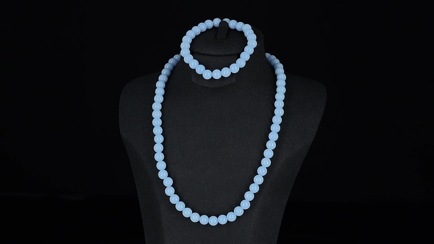 2 Piece Set Blue Luminous Glowing in Dark Beaded Stretch Bracelet (6.5-7In) and Necklace (18-20 Inches) in Stainless Steel 210.00 ctw