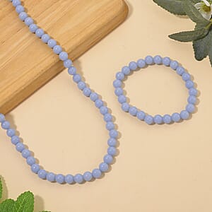 2 Piece Set Blue Luminous Glowing in Dark Beaded 210.00 ctw Stretch Bracelet (6.5-7In) and Necklace 18-20 Inches in Stainless Steel