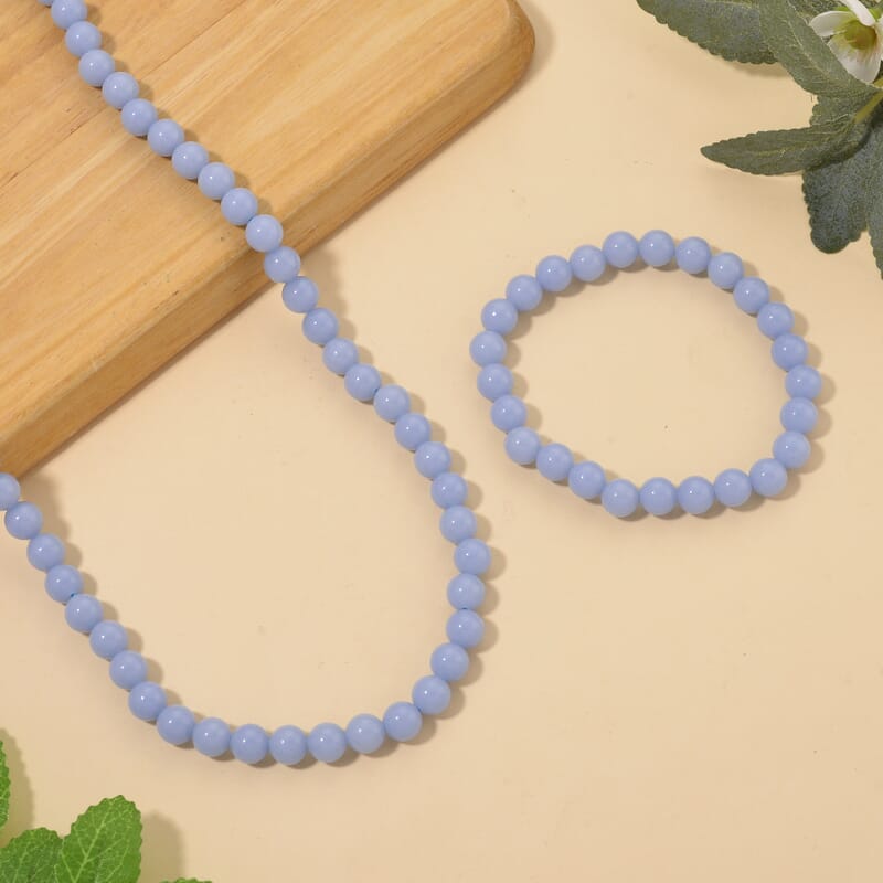 2 Piece Set Blue Luminous Glowing in Dark Beaded 210.00 ctw Stretch Bracelet (6.5-7In) and Necklace 18-20 Inches in Stainless Steel