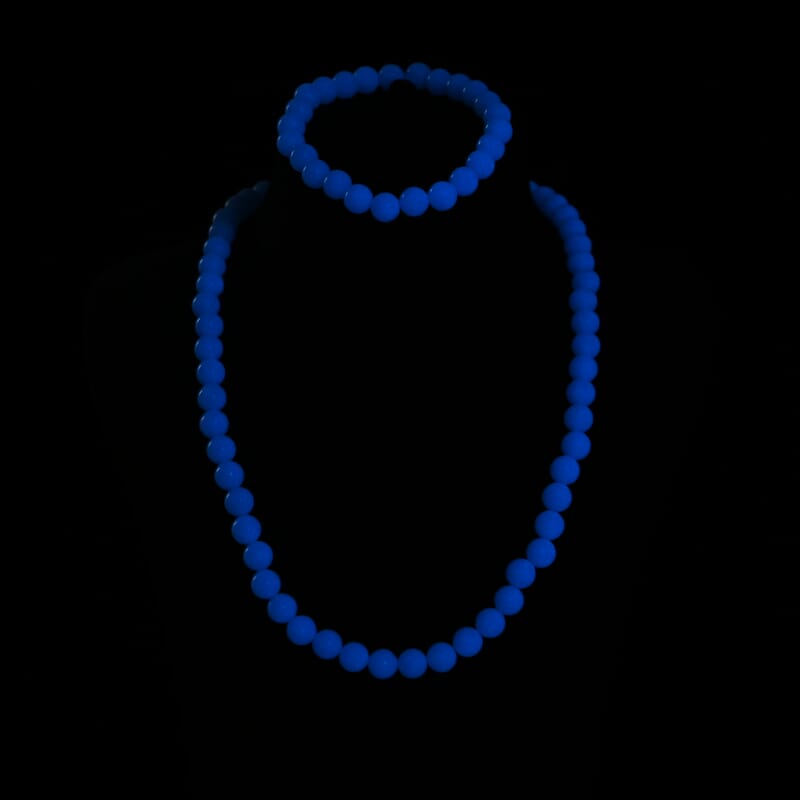 2 Piece Set Blue Luminous Glowing in Dark Beaded 210.00 ctw Stretch Bracelet (6.5-7In) and Necklace 18-20 Inches in Stainless Steel