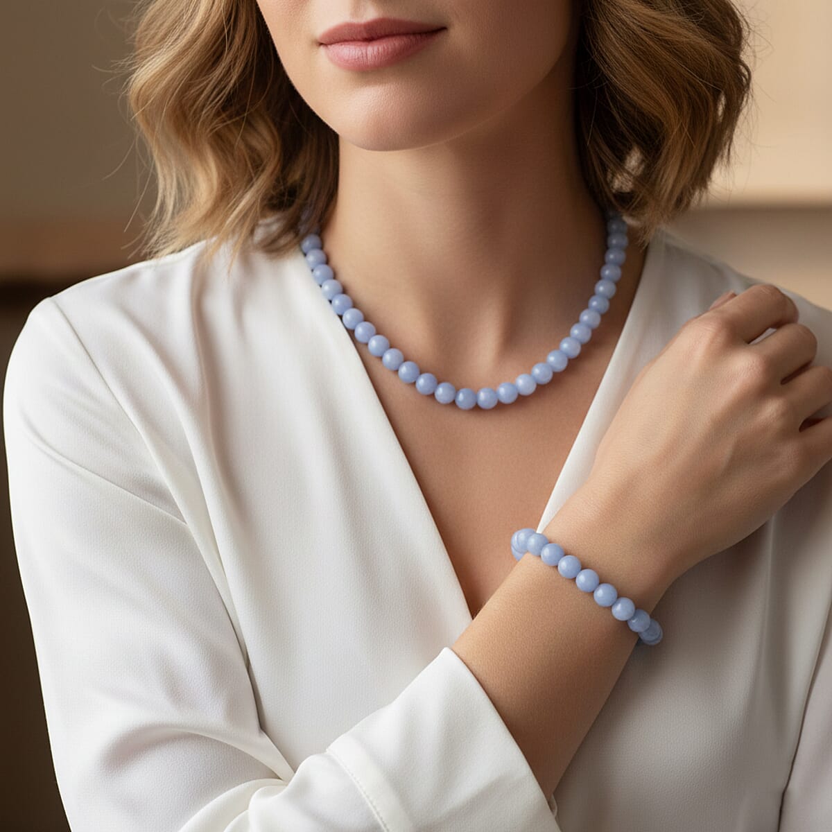 2 Piece Set Blue Luminous Glowing in Dark Beaded 210.00 ctw Stretch Bracelet (6.5-7In) and Necklace 18-20 Inches in Stainless Steel image number 3