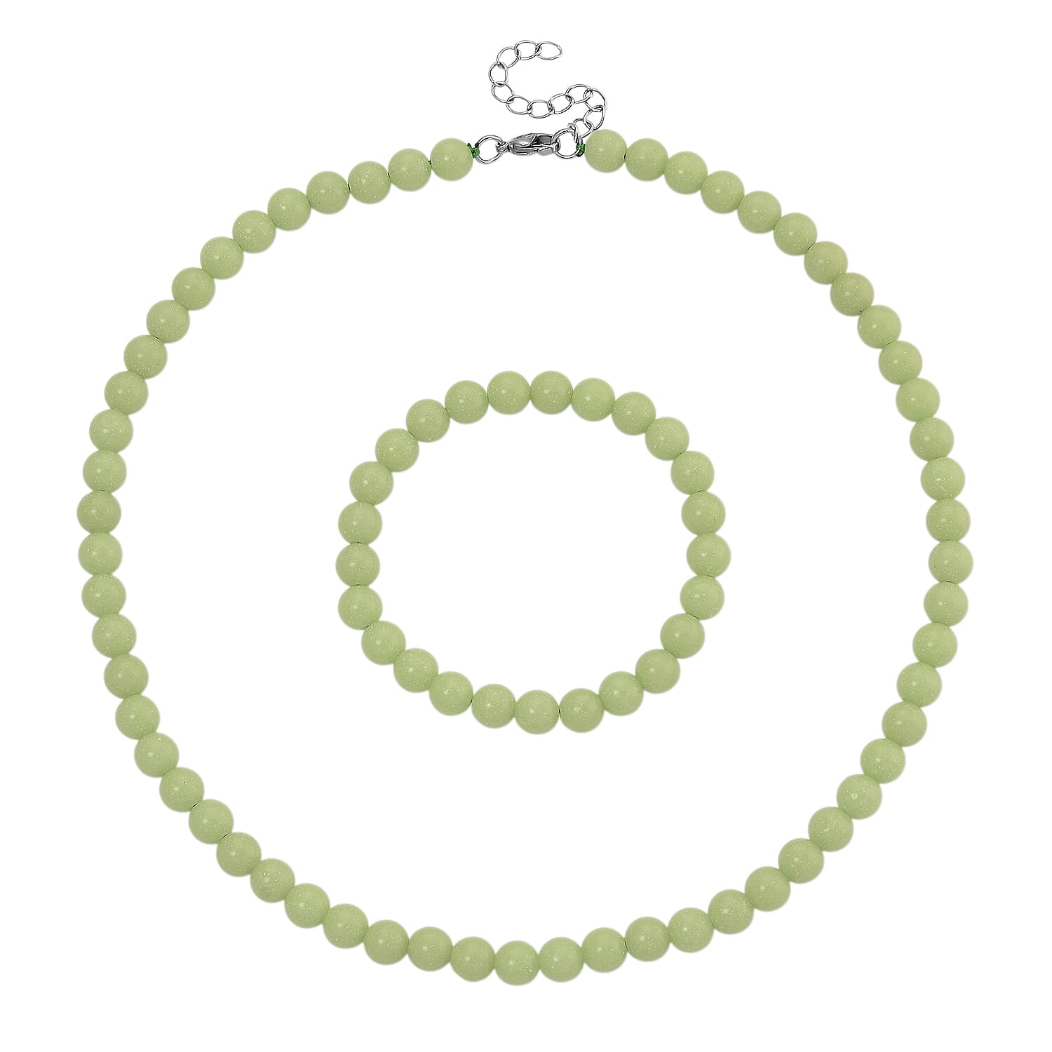 2 Piece Set Green Luminous Glowing in Dark Beaded 210.00 ctw Stretch Bracelet (6.5-7In) and Necklace 18-20 Inches in Stainless Steel