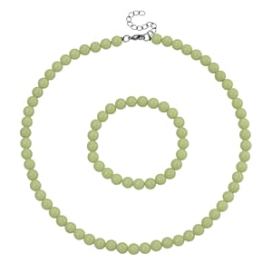 2 Piece Set Green Luminous Glowing in Dark Beaded 210.00 ctw Stretch Bracelet (6.5-7In) and Necklace 18-20 Inches in Stainless Steel