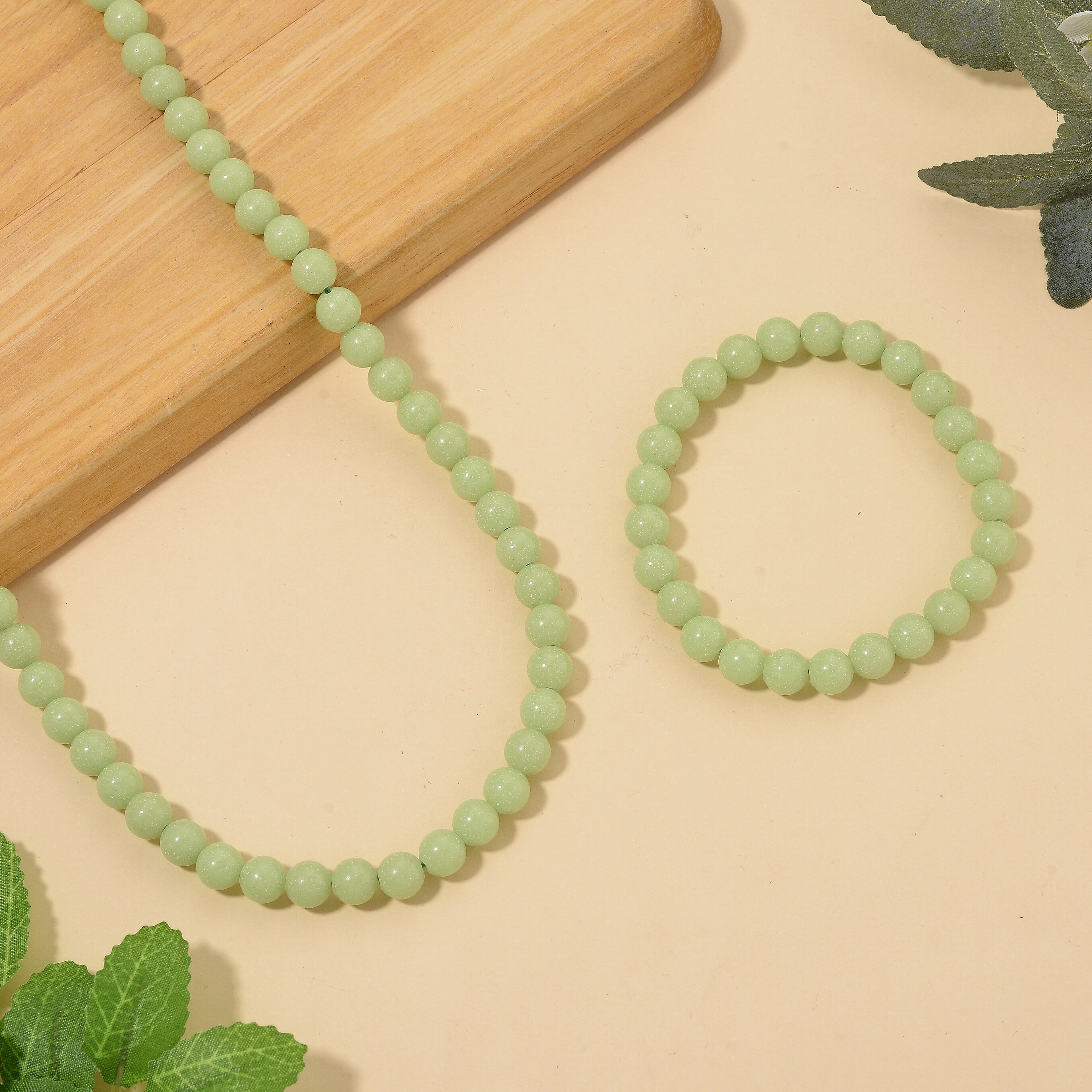 2 Piece Set Green Luminous Glowing in Dark Beaded 210.00 ctw Stretch Bracelet (6.5-7In) and Necklace 18-20 Inches in Stainless Steel