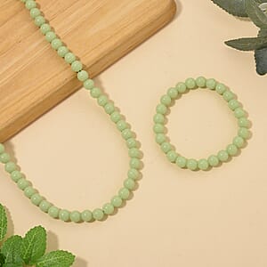 2 Piece Set Green Luminous Glowing in Dark Beaded 210.00 ctw Stretch Bracelet (6.5-7In) and Necklace 18-20 Inches in Stainless Steel