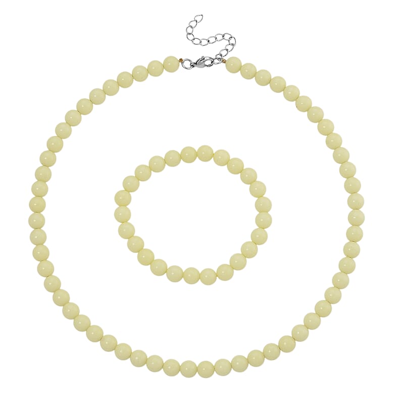 2 Piece Set Yellow Luminous Glowing in Dark Beaded 210.00 ctw Stretch Bracelet (6.5-7In) and Necklace 18-20 Inches in Stainless Steel
