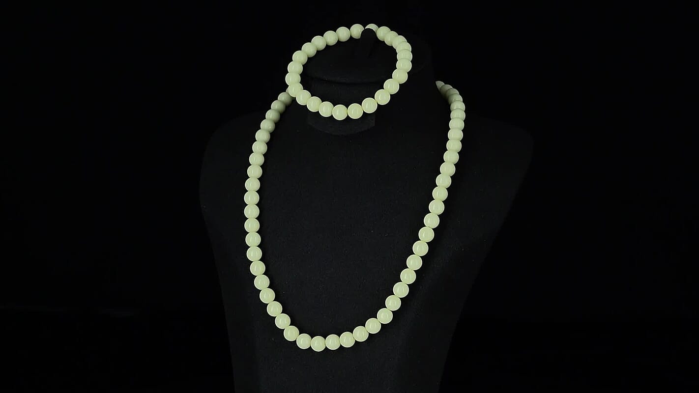 2 Piece Set Blue Luminous Glowing in Dark Beaded Stretch Bracelet (6.5-7In) and Necklace (18-20 Inches) in Stainless Steel 210.00 ctw