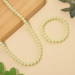 2 Piece Set Yellow Luminous Glowing in Dark Beaded 210.00 ctw Stretch Bracelet (6.5-7In) and Necklace 18-20 Inches in Stainless Steel 