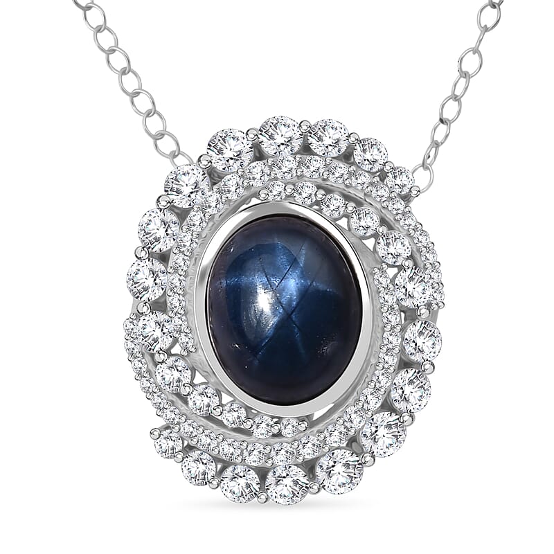 D'Joy Blue Star Sapphire (DF) and Moissanite 7.65 ctw Midnight Galaxy Pendant Necklace in Rhodium Over Sterling Silver 20 Inches