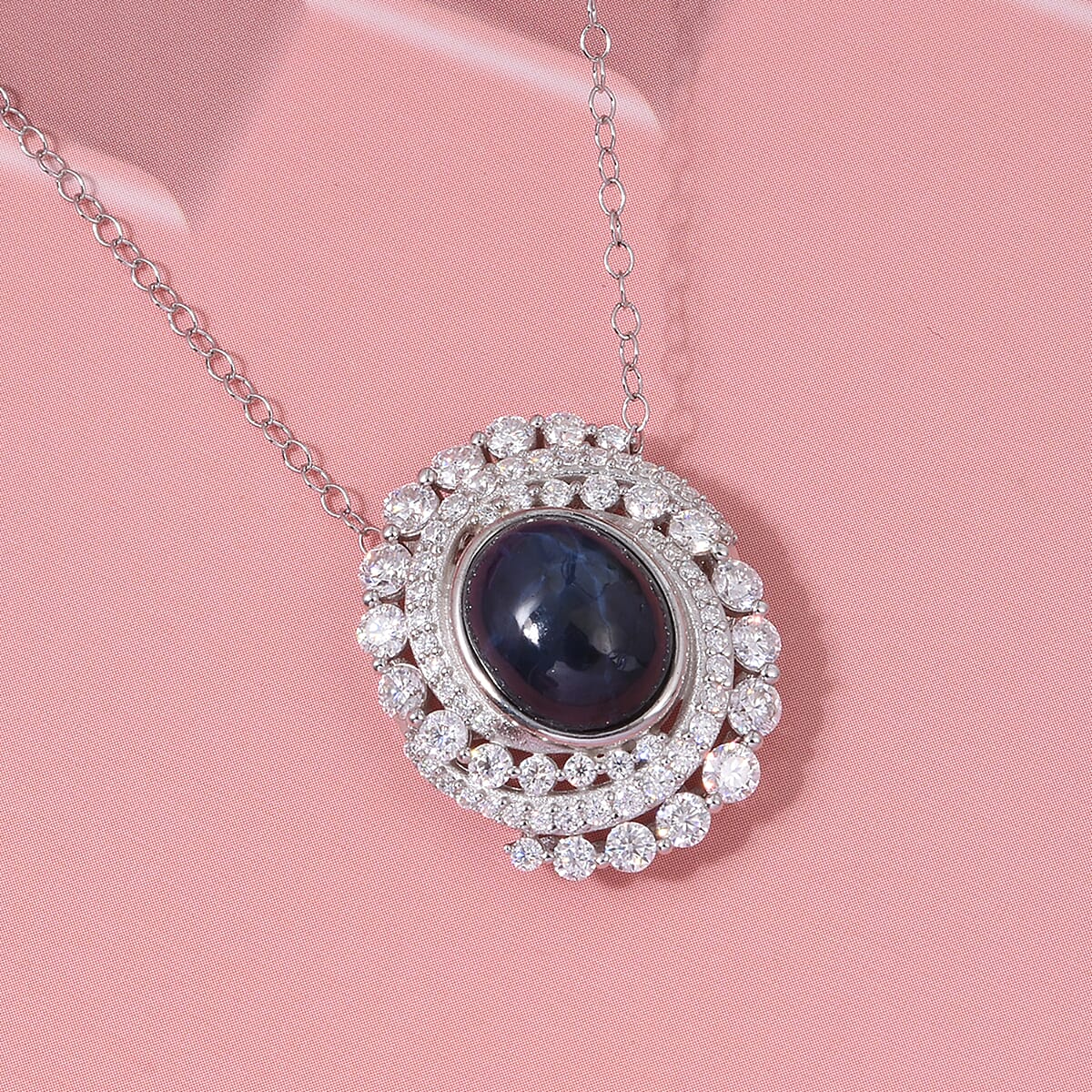 D'Joy Blue Star Sapphire (DF) and Moissanite 7.65 ctw Midnight Galaxy Pendant Necklace in Rhodium Over Sterling Silver 20 Inches image number 1