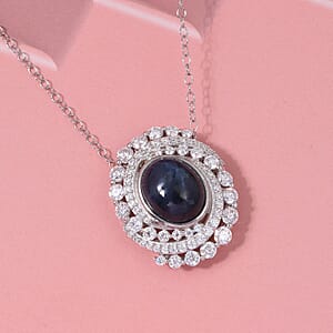 D'Joy Blue Star Sapphire (DF) and Moissanite 7.65 ctw Midnight Galaxy Pendant Necklace in Rhodium Over Sterling Silver 20 Inches