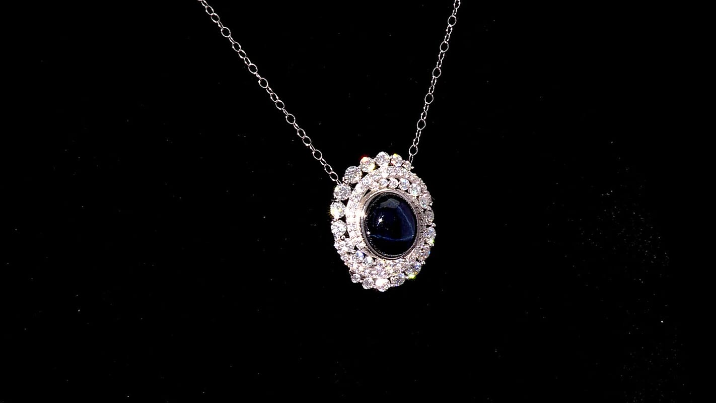 D'Joy Blue Star Sapphire (DF) and Moissanite 7.65 ctw Midnight Galaxy Pendant Necklace in Rhodium Over Sterling Silver 20 Inches