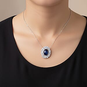 D'Joy Blue Star Sapphire (DF) and Moissanite 7.65 ctw Midnight Galaxy Pendant Necklace in Rhodium Over Sterling Silver 20 Inches