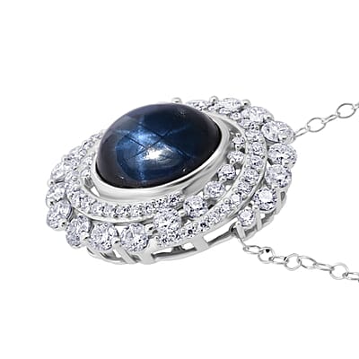 D'Joy Blue Star Sapphire (DF) and Moissanite 7.65 ctw Midnight Galaxy Pendant Necklace in Rhodium Over Sterling Silver 20 Inches