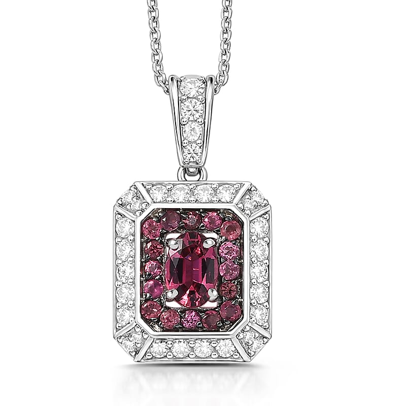 D'Joy Ouro Fino Rubellite and Moissanite 1.30 ctw Geometric Harmony Pendant Necklace in Rhodium Over Sterling Silver 20 Inches