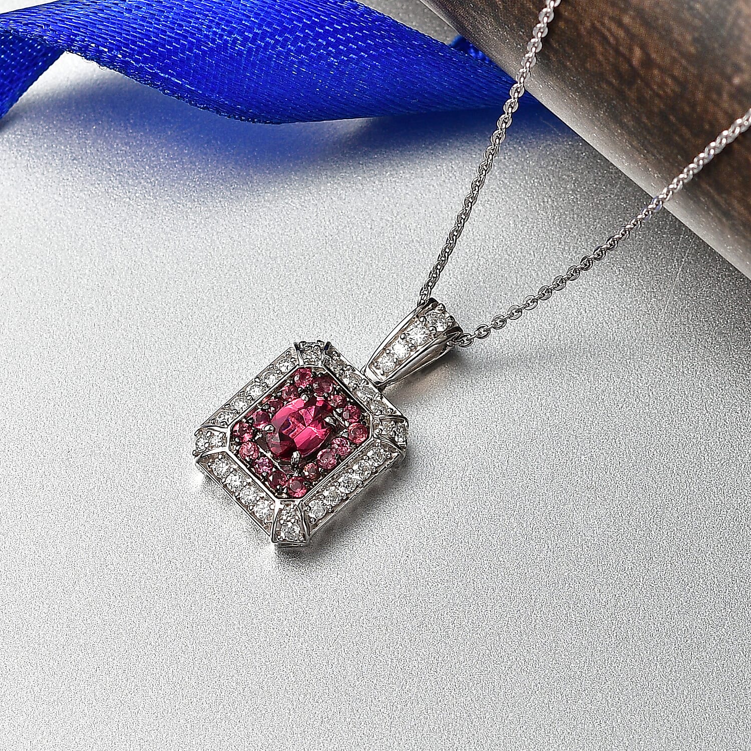 D'Joy Ouro Fino Rubellite and Moissanite 1.30 ctw Geometric Harmony Pendant Necklace in Rhodium Over Sterling Silver 20 Inches
