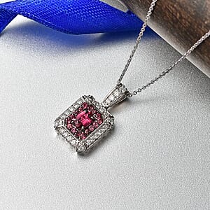 D'Joy Ouro Fino Rubellite and Moissanite 1.30 ctw Pendant Necklace in Rhodium Over Sterling Silver 20 Inches 