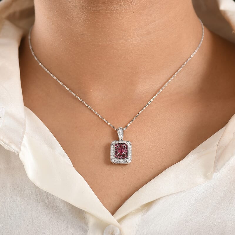 D'Joy Ouro Fino Rubellite and Moissanite 1.30 ctw Geometric Harmony Pendant Necklace in Rhodium Over Sterling Silver 20 Inches