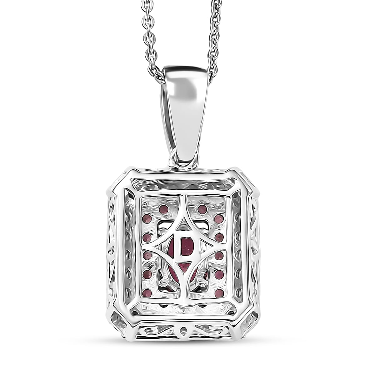 D'Joy Ouro Fino Rubellite and Moissanite 1.30 ctw Geometric Harmony Pendant Necklace in Rhodium Over Sterling Silver 20 Inches