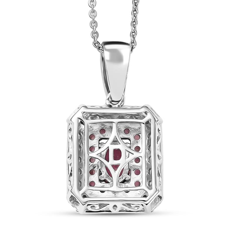 D'Joy Ouro Fino Rubellite and Moissanite 1.30 ctw Geometric Harmony Pendant Necklace in Rhodium Over Sterling Silver 20 Inches