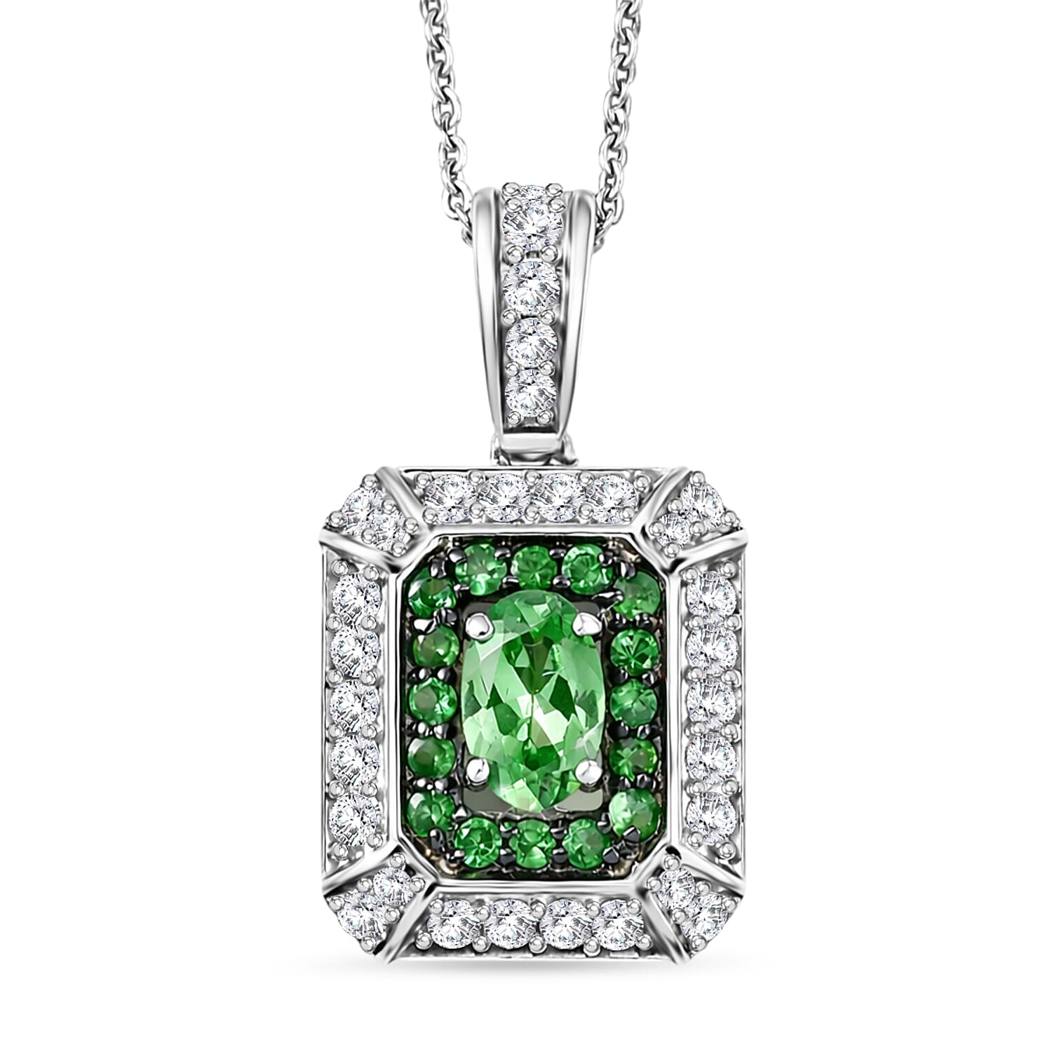 D'Joy Tsavorite Garnet and Moissanite 1.35 ctw Geometric Harmony Pendant Necklace in Rhodium Over Sterling Silver 20 Inches