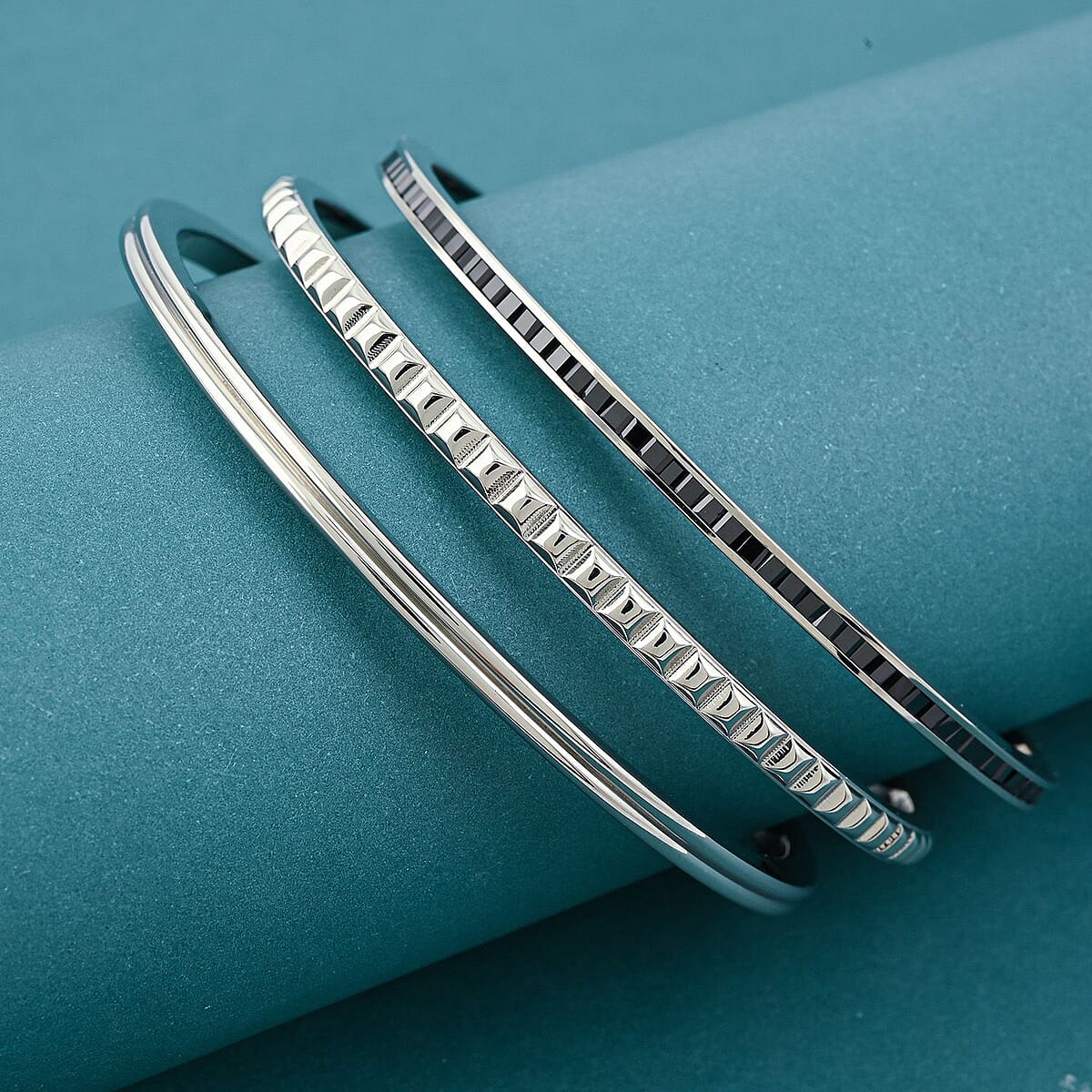 Calvin Klein Closeout Set of 3 - Simulated Black Diamond Bangle Bracelet in Stainless Steel (7.00 In) 4.00 ctw image number 1