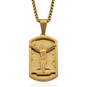 Padre Nuestro Crucifix Mens Pendant Necklace (23.5 Inches) in ION Plated YG Stainless Steel