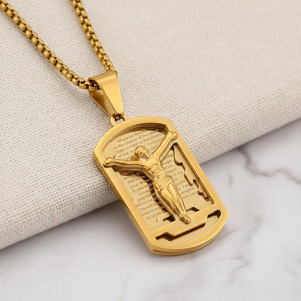 Psalm 91 Crucifix Pendant Necklace (23.5 Inches) in ION Plated YG Stainless Steel