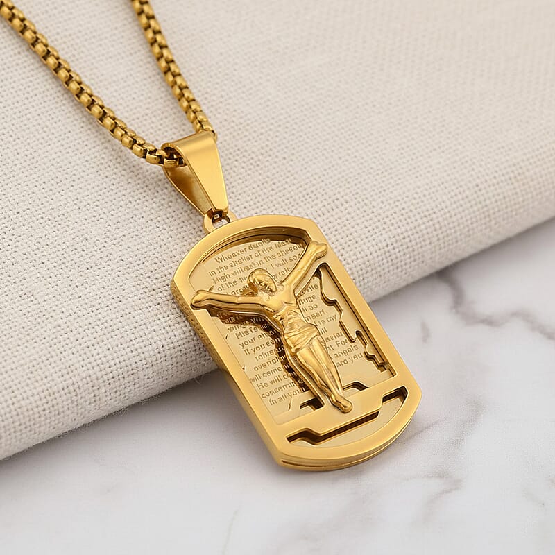 Psalm 91 Crucifix Pendant Necklace (23.5 Inches) in ION Plated YG Stainless Steel