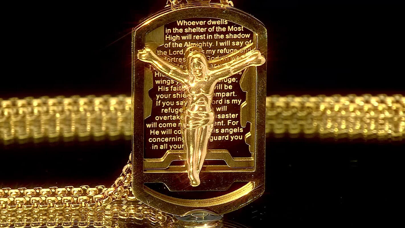 Psalm 91 Crucifix Pendant Necklace (23.5 Inches) in ION Plated YG Stainless Steel