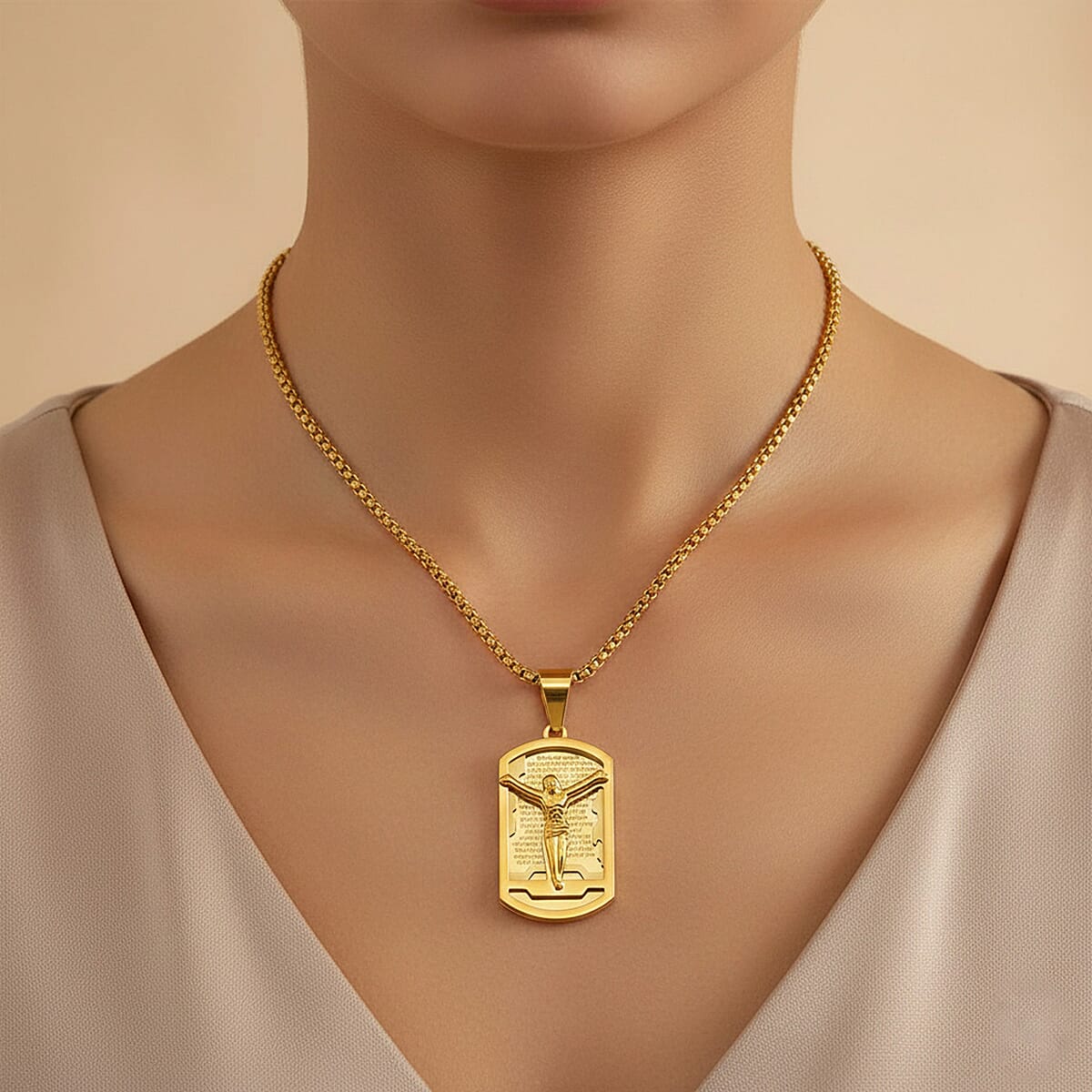 Padre Nuestro Crucifix Mens Pendant Necklace (23.5 Inches) in ION Plated YG Stainless Steel image number 2