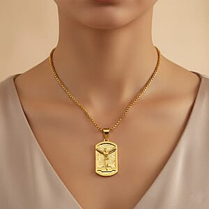 Padre Nuestro Crucifix Mens Pendant Necklace (23.5 Inches) in ION Plated YG Stainless Steel