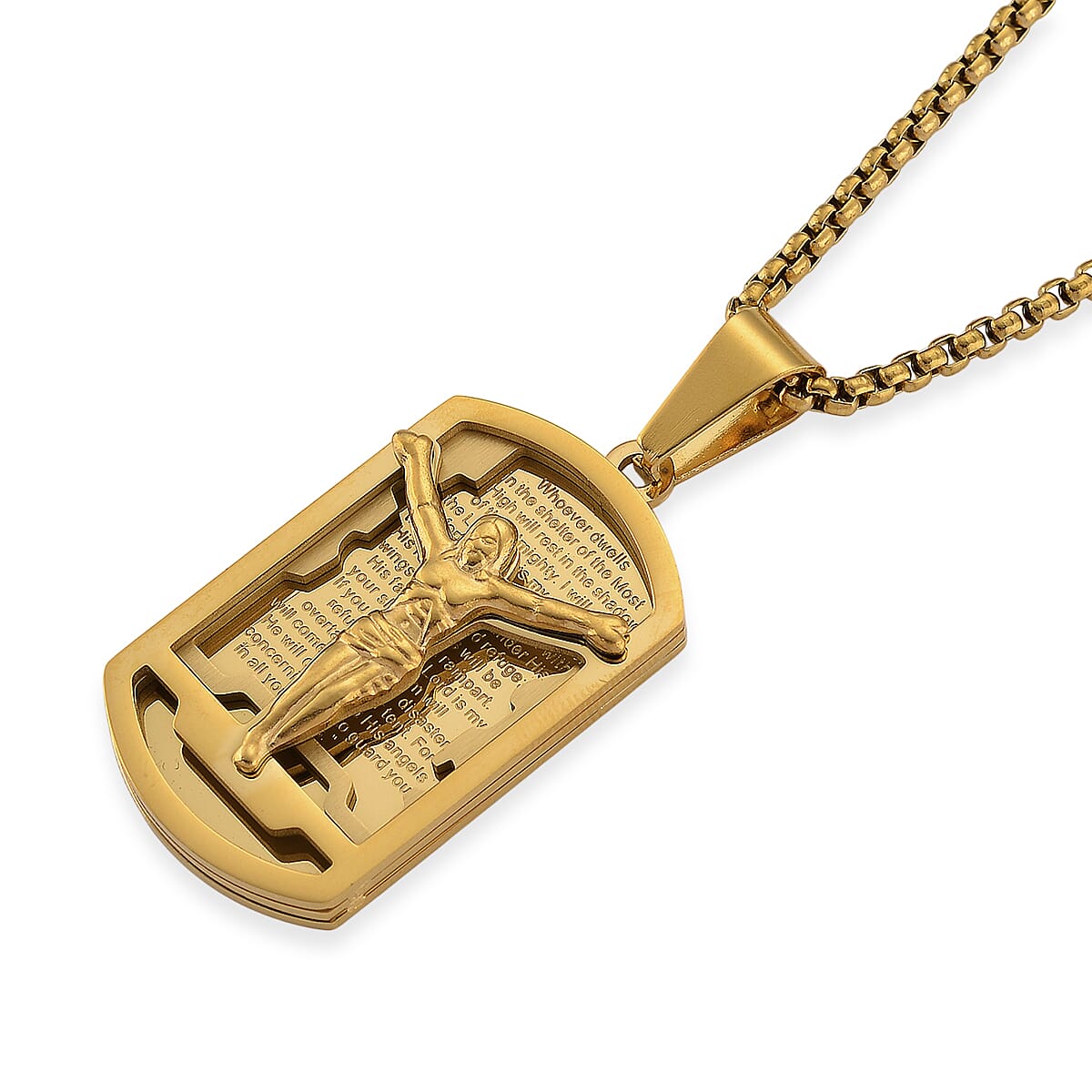 Psalm 91 Crucifix Pendant Necklace (23.5 Inches) in ION Plated YG Stainless Steel